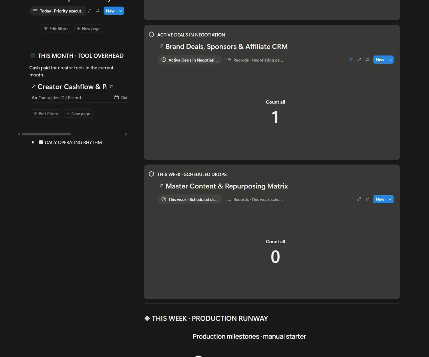 Detailed view of the actual The Monetized Creator OS Notion workspace