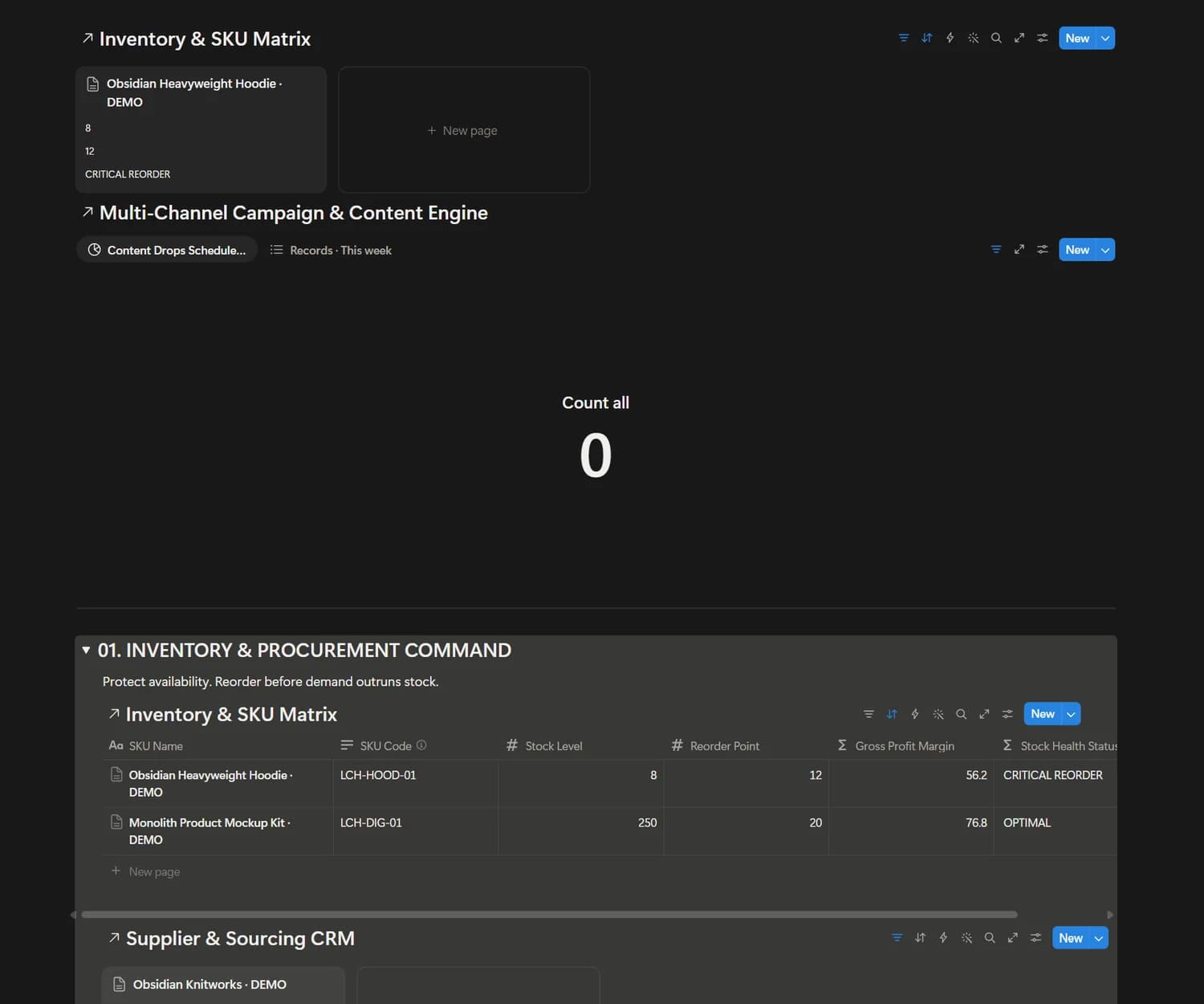 Detailed view of the actual E-Commerce & Shop Management OS Notion workspace