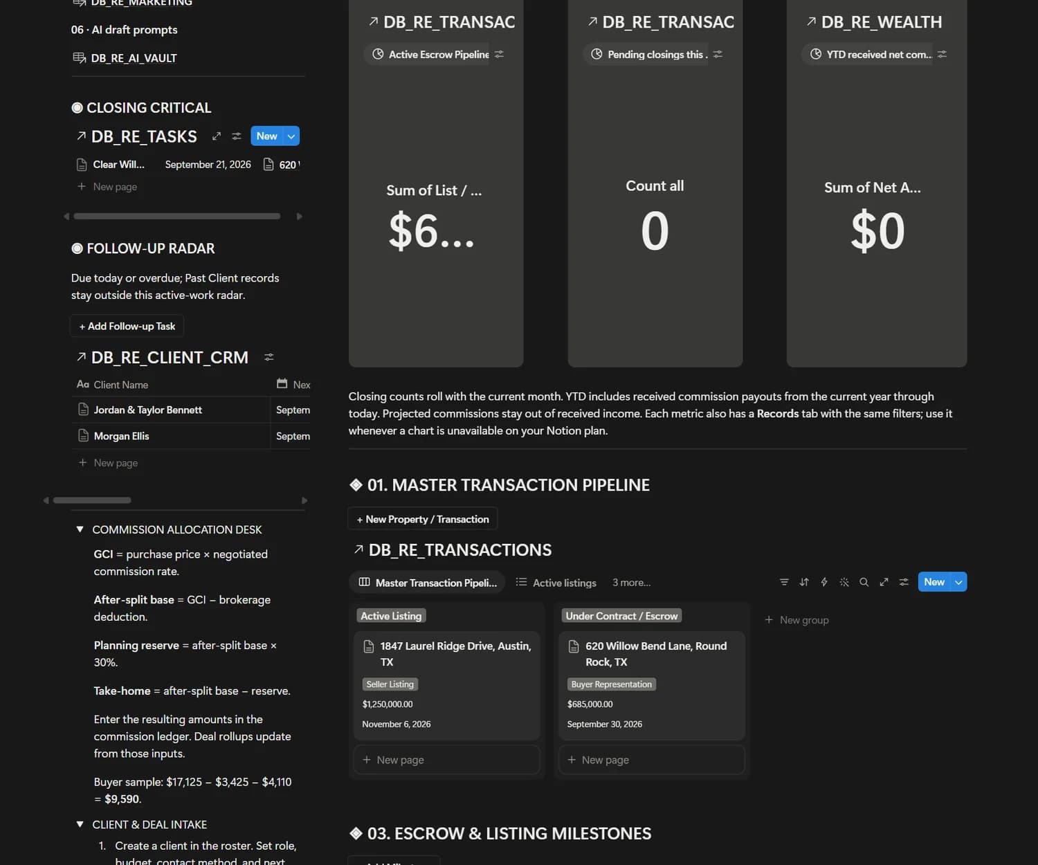 Detailed view of the actual Real Estate Agent & Transaction OS Notion workspace