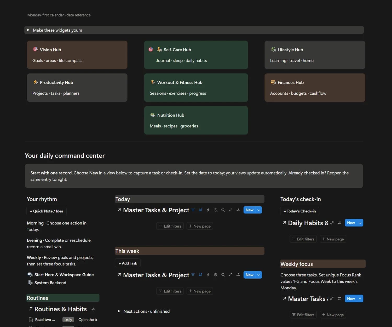Detailed view of the actual Second Brain & 2027 Life OS Notion workspace
