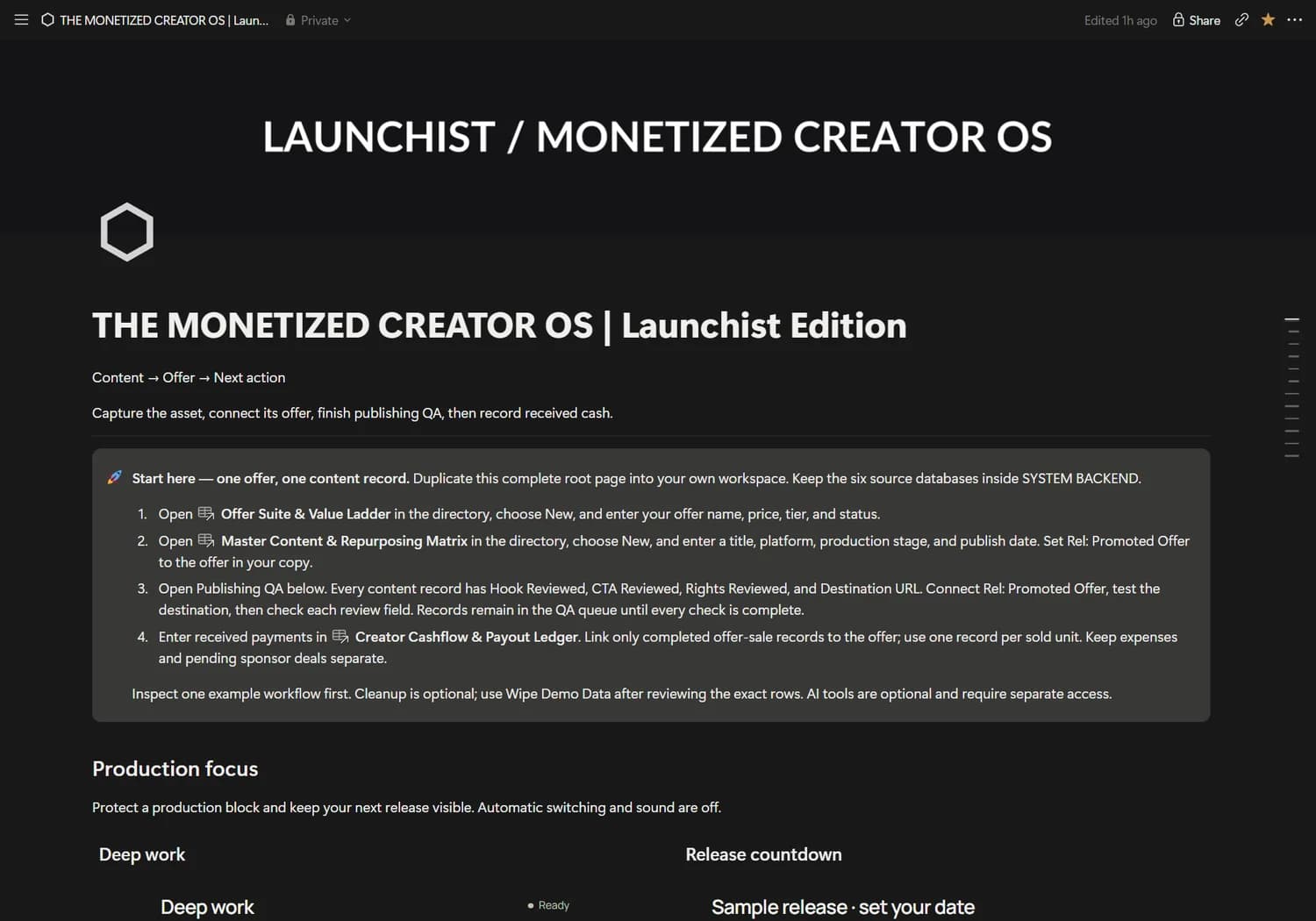 Actual The Monetized Creator OS Notion dashboard preview