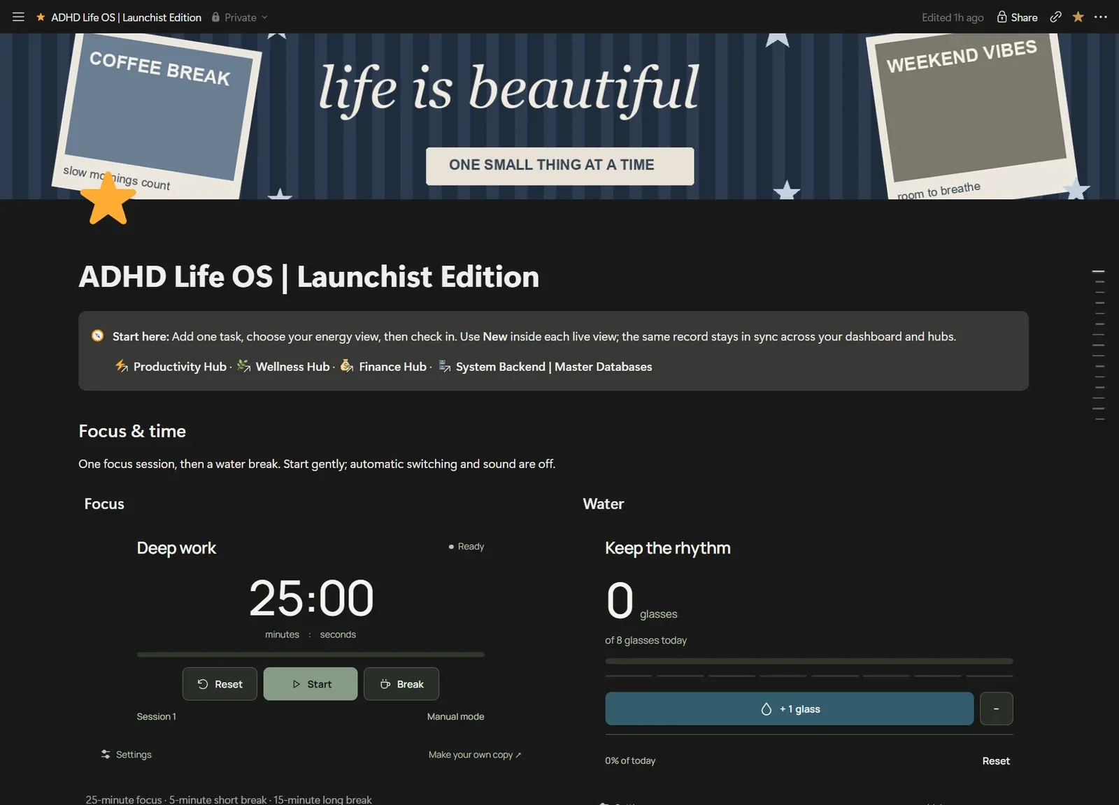 ADHD Life OS screenshot showing its home dashboard with focus and water widgets.