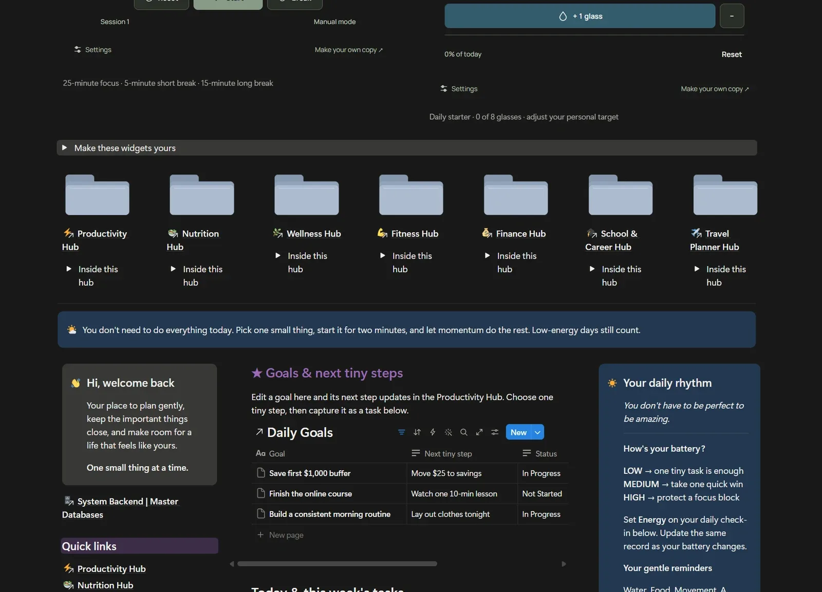 ADHD Life OS screenshot showing lifestyle hub links, daily goals and energy prompts.